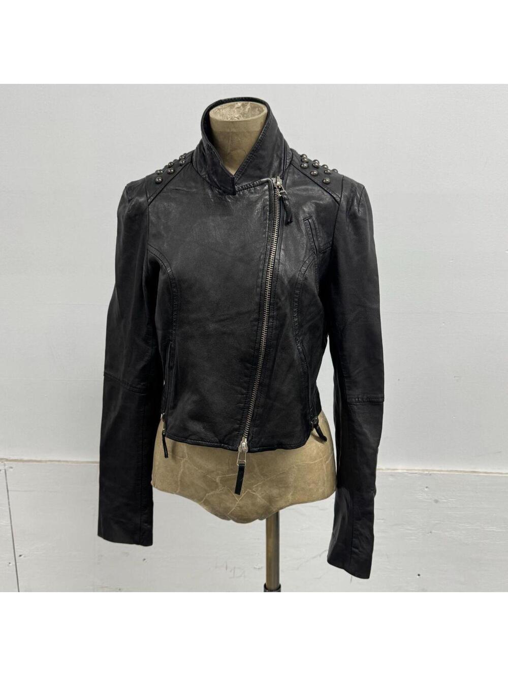 Vintage Black Studded Moto Side Zip Leather Jacket